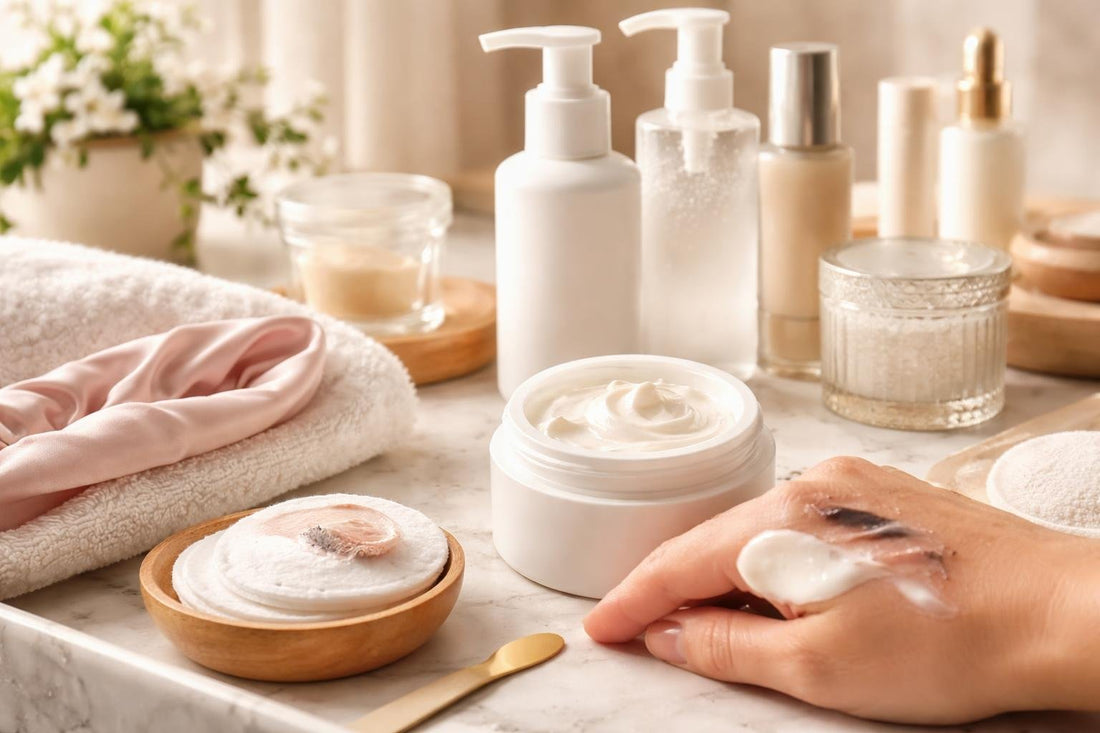 Cream cleanser removing makeup on skin in winter season