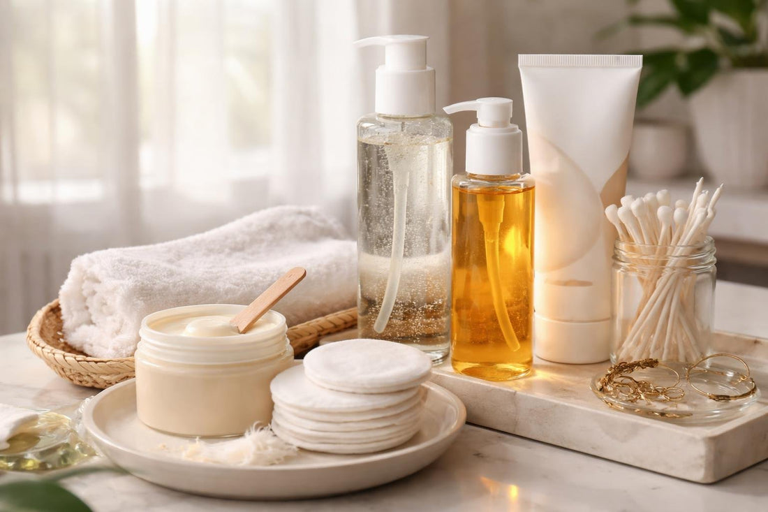 Seasonal makeup removal essentials beside cleanser and soft pads