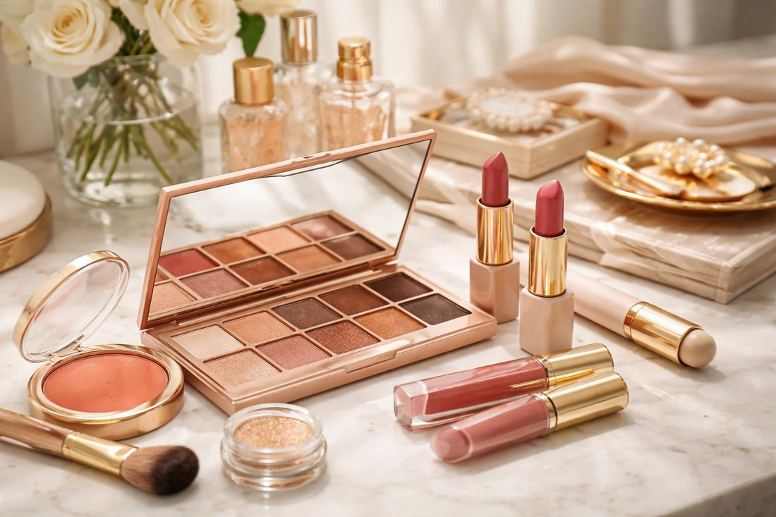 Curated makeup set with palette, lip, and blush