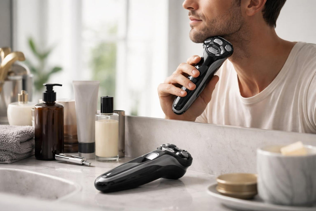 Man using electric shaver for comfortable seasonal grooming