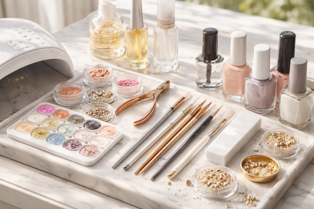 Seasonal nail art accessories laid out for detailed designs