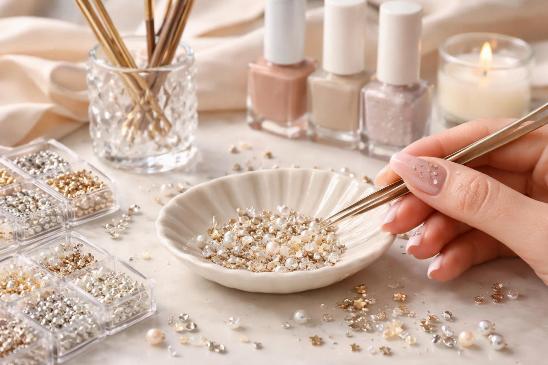 Assorted nail art studs on glossy seasonal manicure