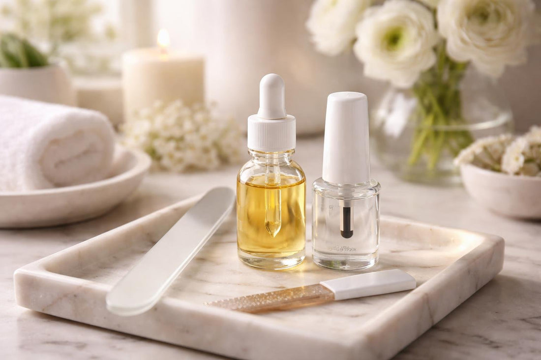 Cuticle oil, nail file, and base coat on hands