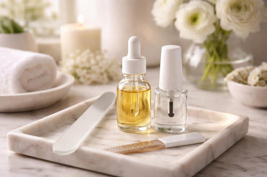 Cuticle oil, nail file, and base coat on hands