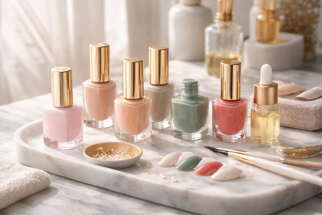 Seasonal nail polish colours with simple minimalist nail art