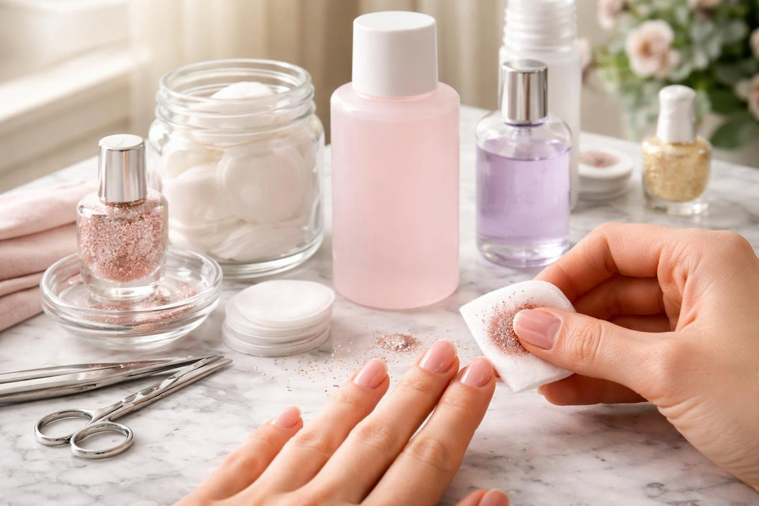 Nail polish remover pads lifting glitter from nails gently