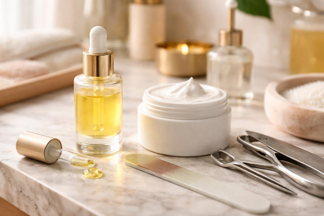 Seasonal nail repair essentials with oil, file, and cream