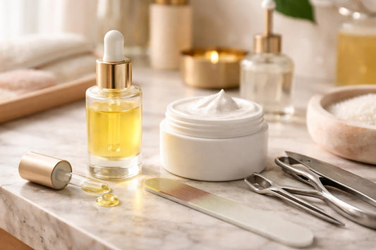 Seasonal nail repair essentials with oil, file, and cream