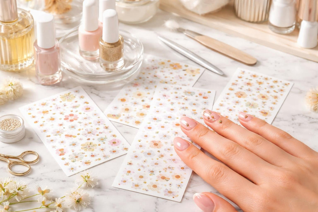 Seasonal nail art stickers and decals on clean manicure