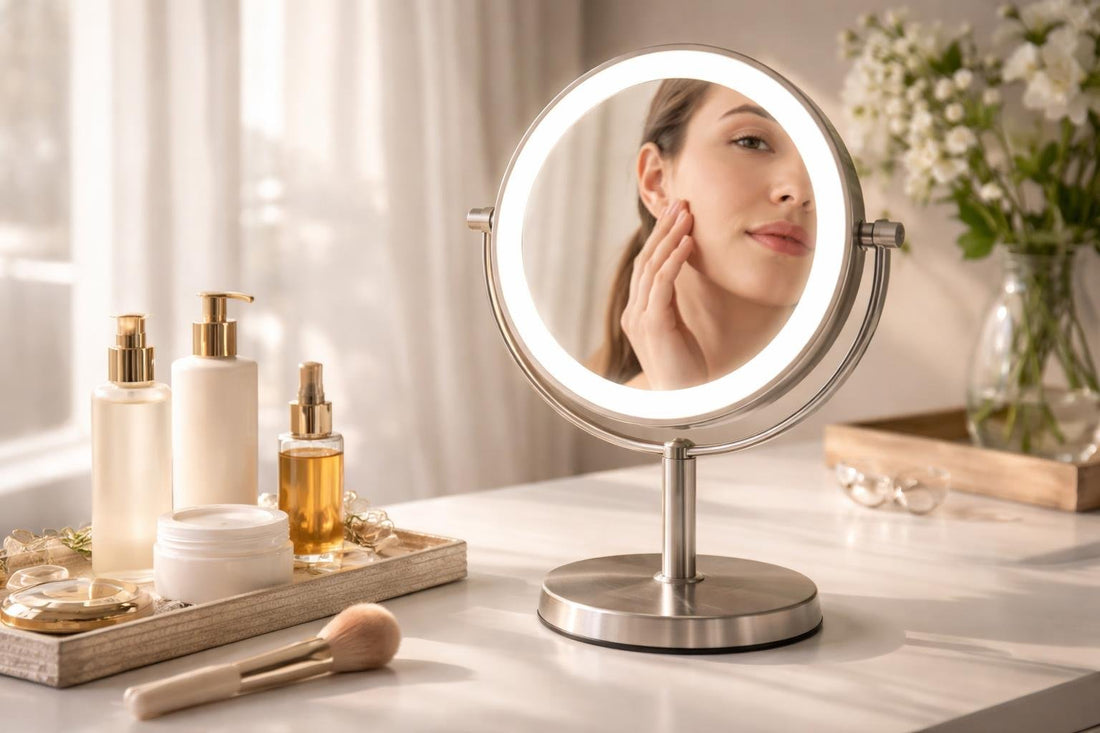Personal mirror reflecting face in soft seasonal daylight