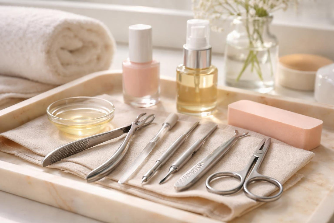 Professional nail tools arranged for a seasonal at-home manicure