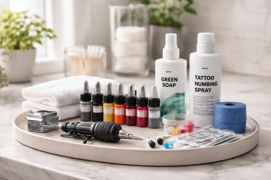 Season-ready professional tattoo supplies arranged on clean tray