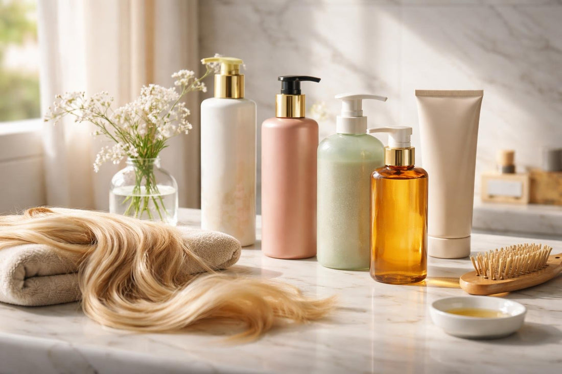 Seasonal shampoo and conditioner bottles with healthy looking hair