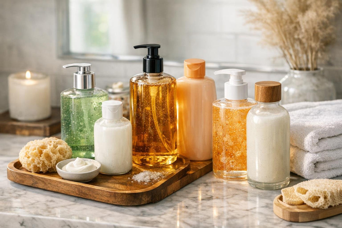 Assorted bath and shower gels arranged for seasonal rotation