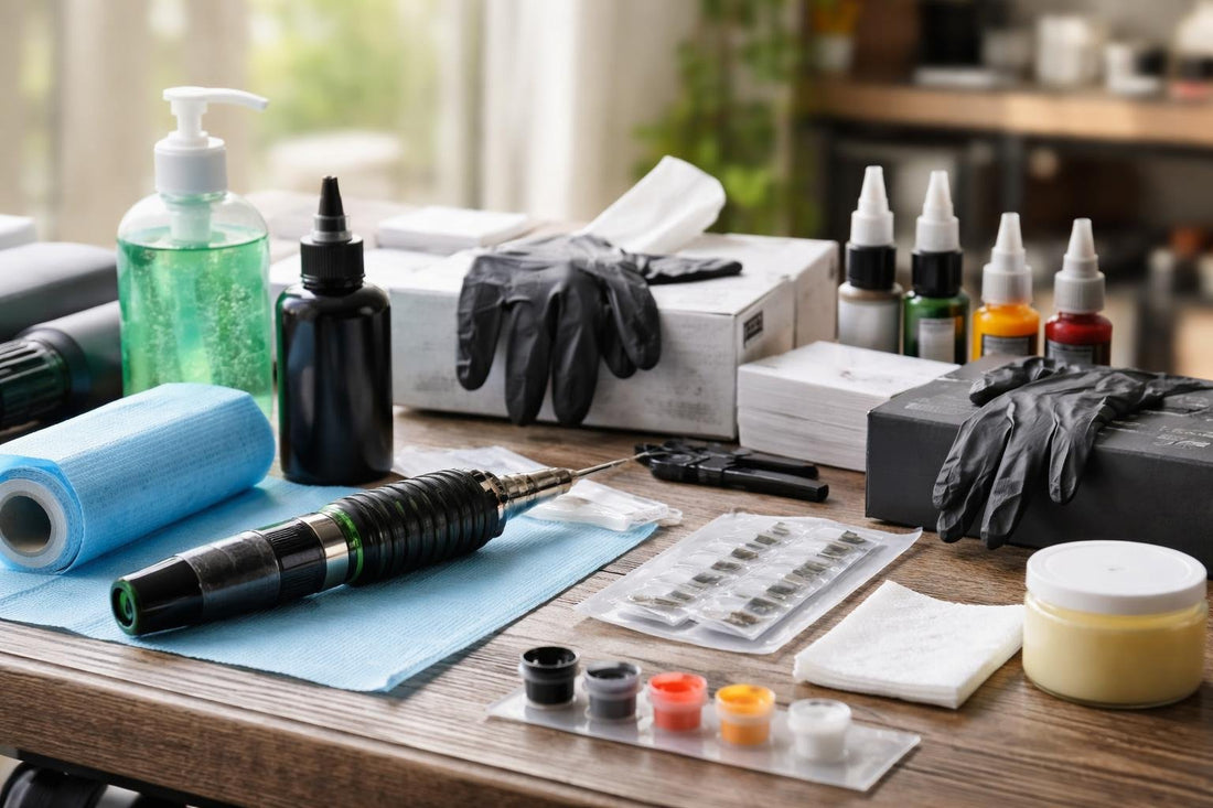Seasonal tattooing supplies laid out for clean, consistent results