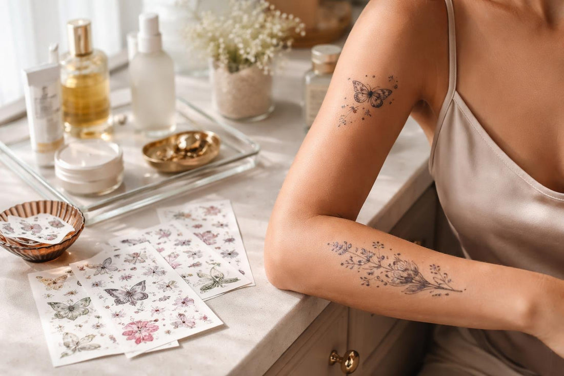 Seasonal temporary tattoo collection designs on forearm and shoulder