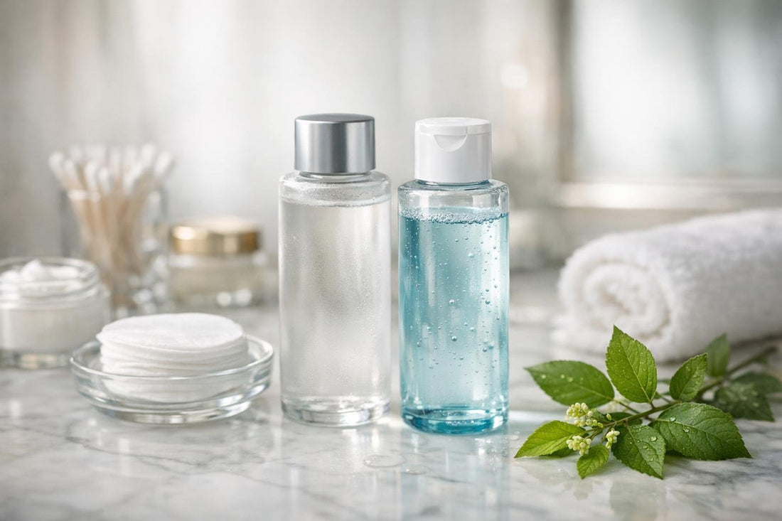 Facial toner and astringent bottles beside fresh seasonal leaves