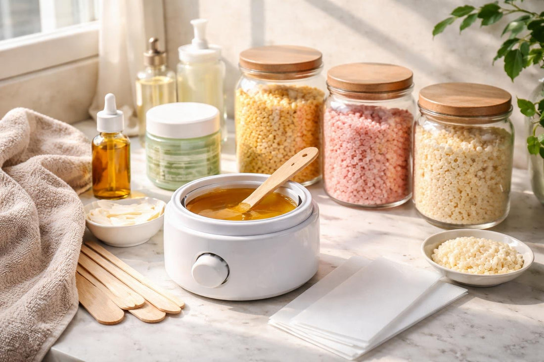 At-home waxing essentials laid out for smooth seasonal hair removal