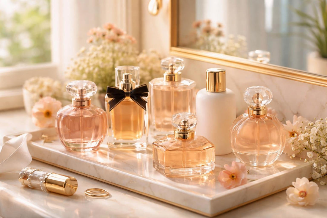 Women’s eau de parfum bottles styled for seasonal wear
