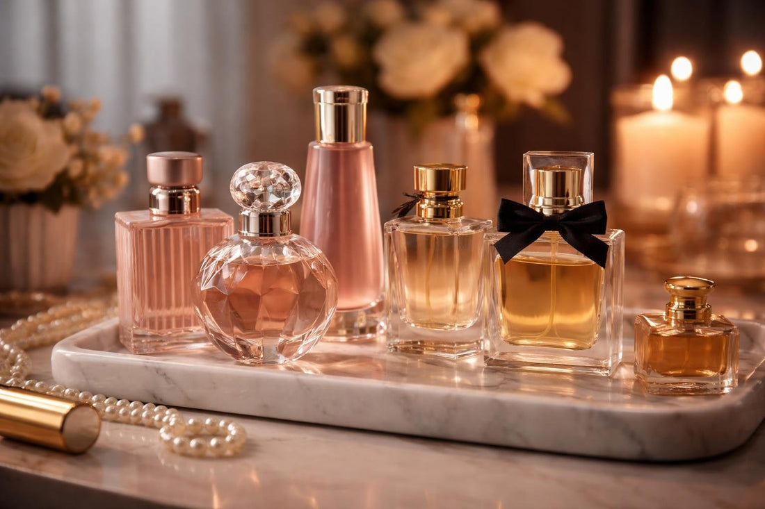 Seasonal women’s fragrance collection bottles on vanity at night