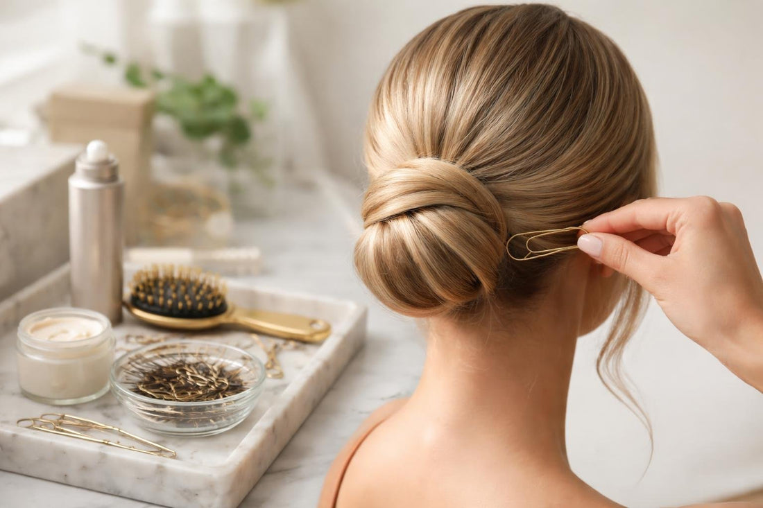 Professional hair styling pins securing a low chignon updo
