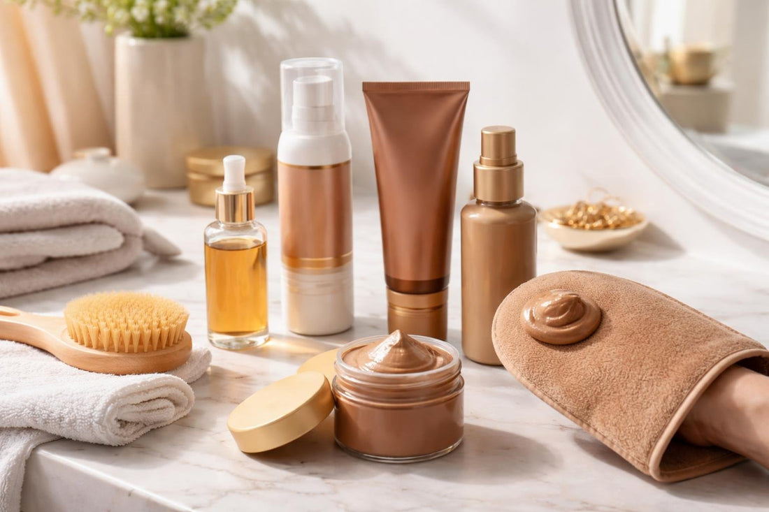 Applying self tanner with mitt for streak-free glow