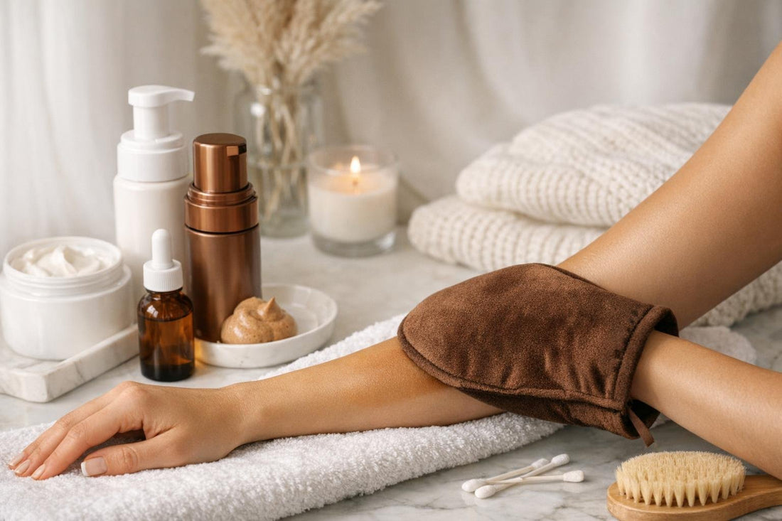 Winter self tanning application on forearm with mitt