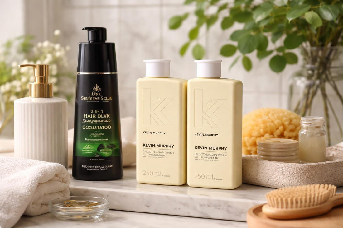 sensitive scalp shampoo bottles on bathroom shelf