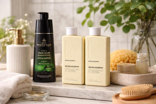 sensitive scalp shampoo bottles on bathroom shelf