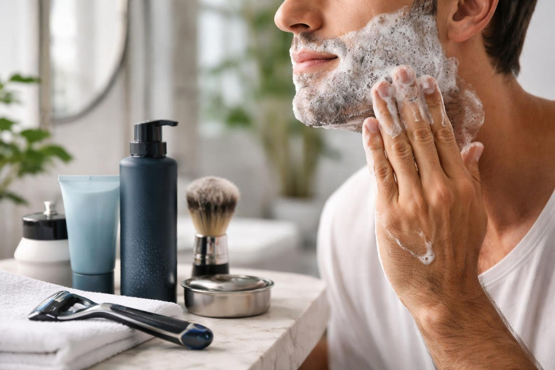 Man applying shaving gel for sensitive skin shave