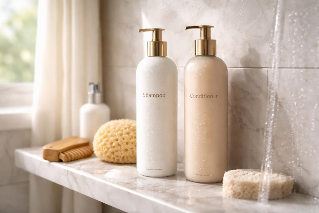 Shampoo and conditioner set used in a home shower routine