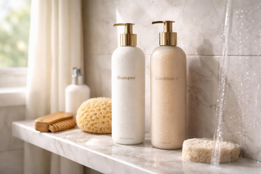 Shampoo and conditioner set used in a home shower routine