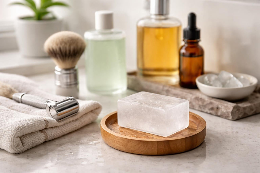 Shaving alum block with aftershave essentials on counter