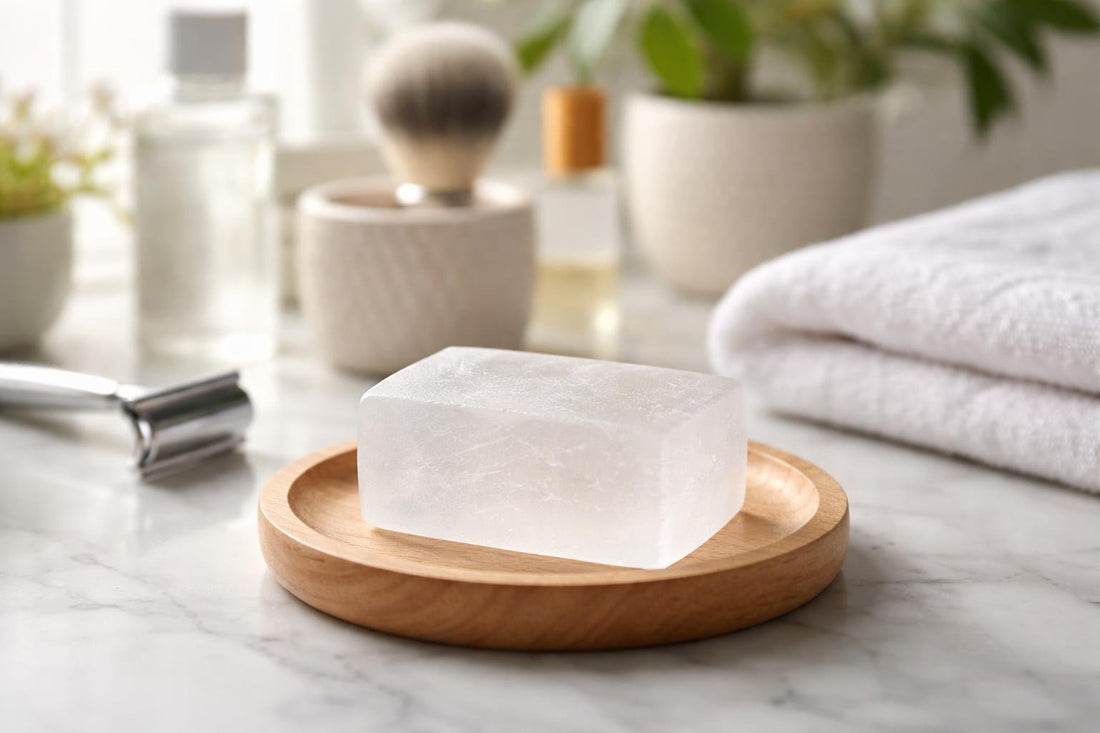 Alum block on wooden dish for sensitive skin