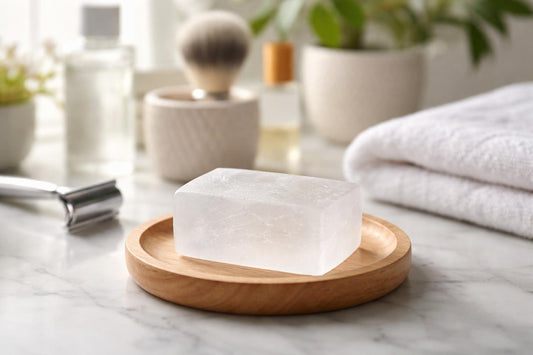Alum block on wooden dish for sensitive skin