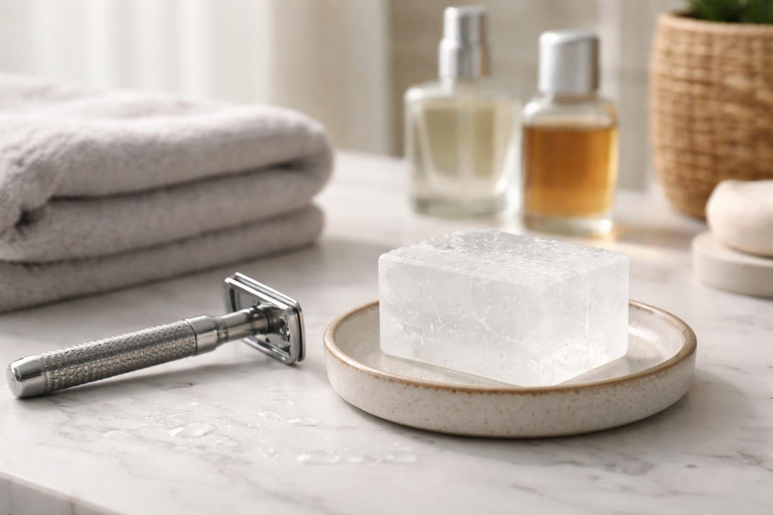 Shaving alum block next to razor and towel