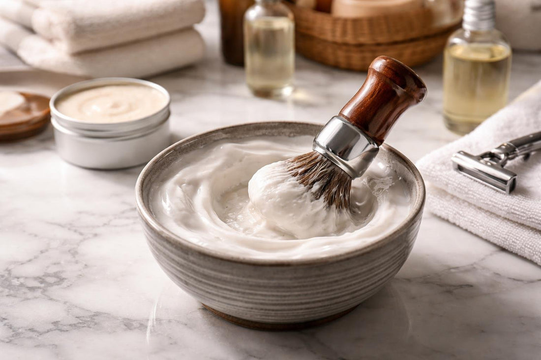 Shaving brush building creamy lather in a bowl