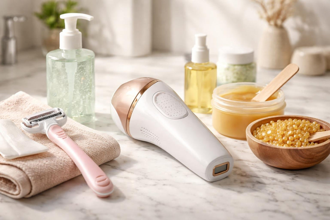 Close-up of shaving, waxing and laser hair removal tools