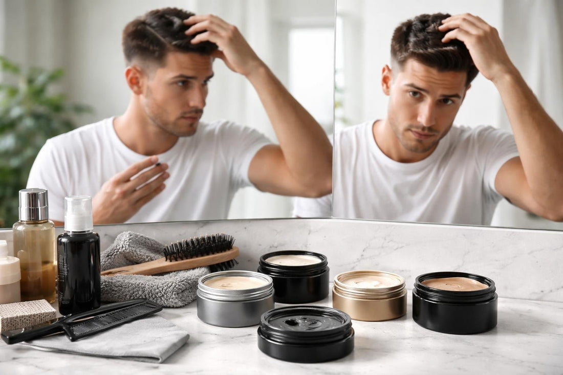 Man styling short hair with pomade in Ontario