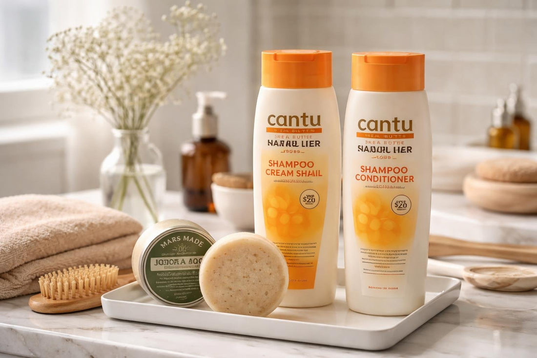 short hair shampoo and conditioner bottles on counter