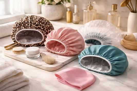 Reusable shower caps collection for travel and curls