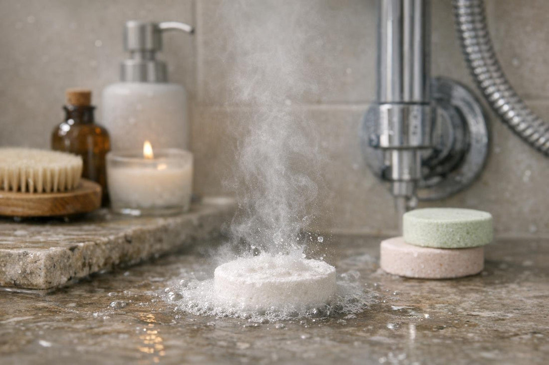 Aromatherapy shower steamer fizzing in small bathroom