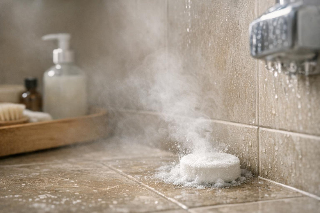 Shower steamer tablet fizzing in steamy bathroom corner