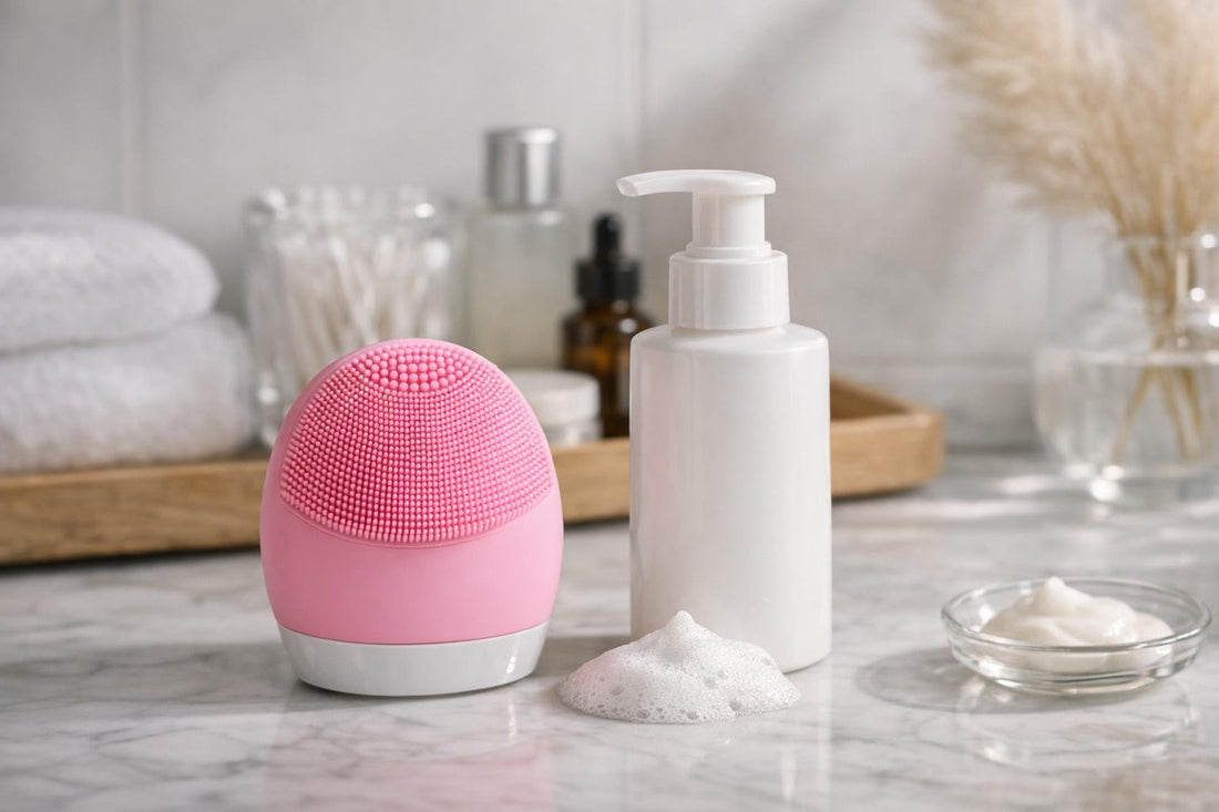 Silicone facial cleansing brush beside gentle cleanser in bathroom