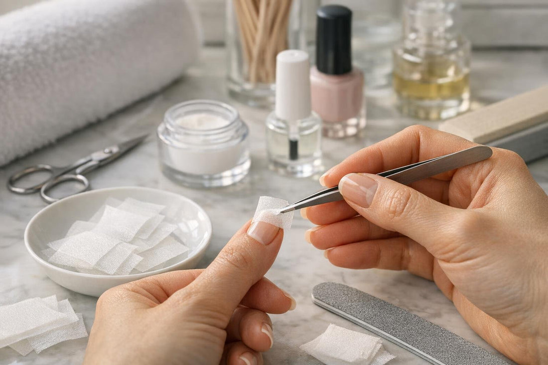 Applying a silk nail wrap patch on natural nail