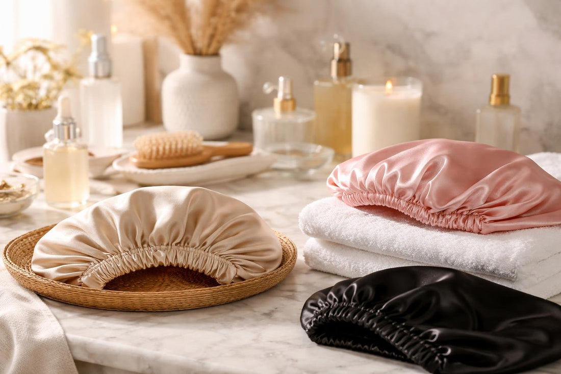 silk and satin hair bonnets on neutral background