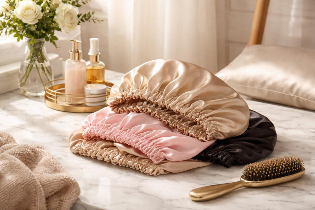 Silk and satin hair bonnet protecting curls overnight