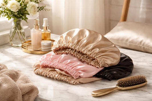 Silk and satin hair bonnet protecting curls overnight