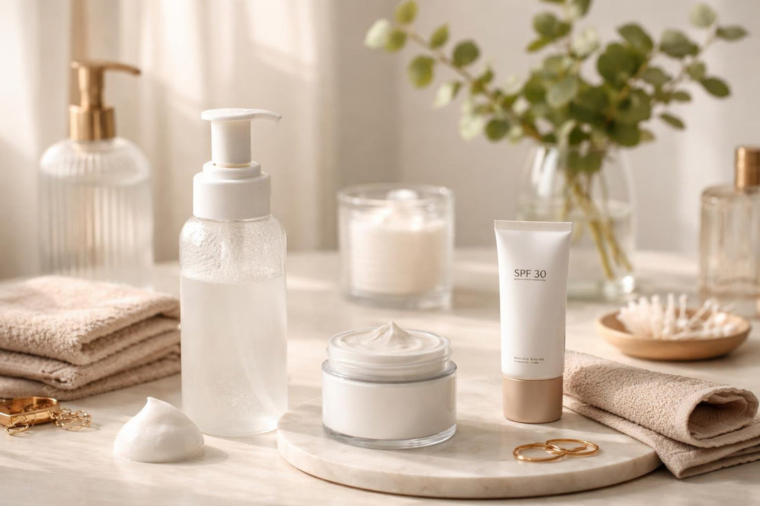 Simple skincare routine steps with cleanser, moisturizer, and SPF