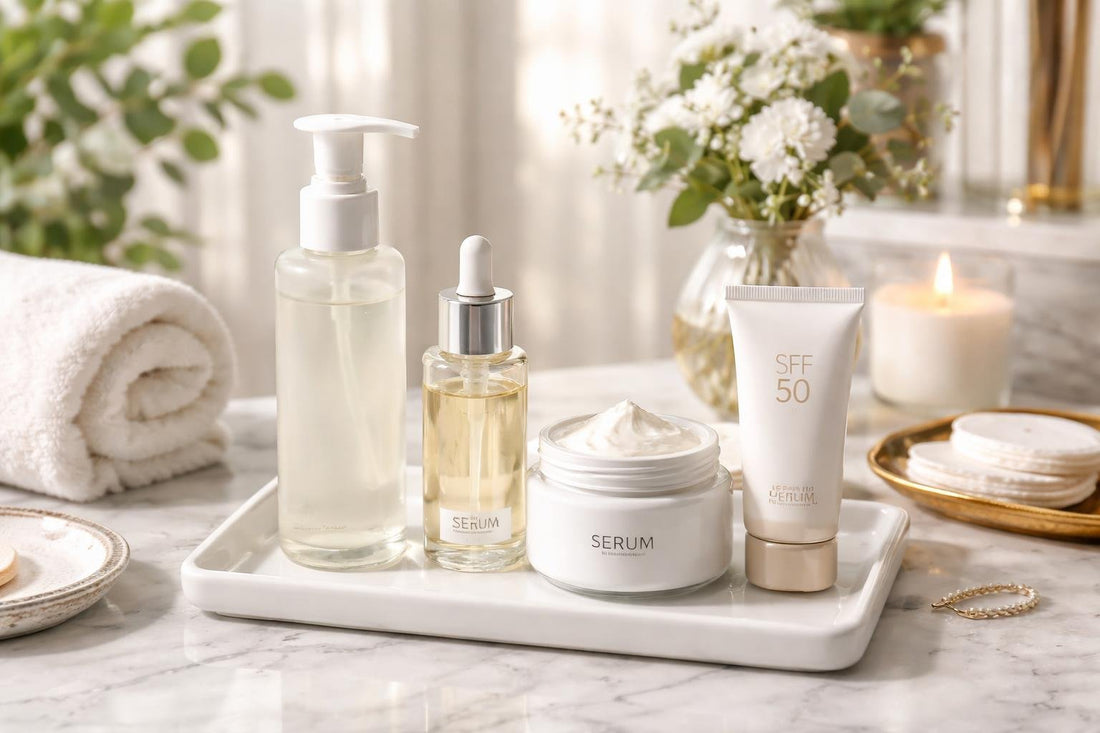Skin care set with cleanser serum moisturizer and sunscreen